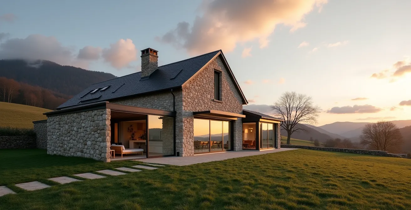 Vue architecturale d'une ferme jurassienne transformée en habitation moderne