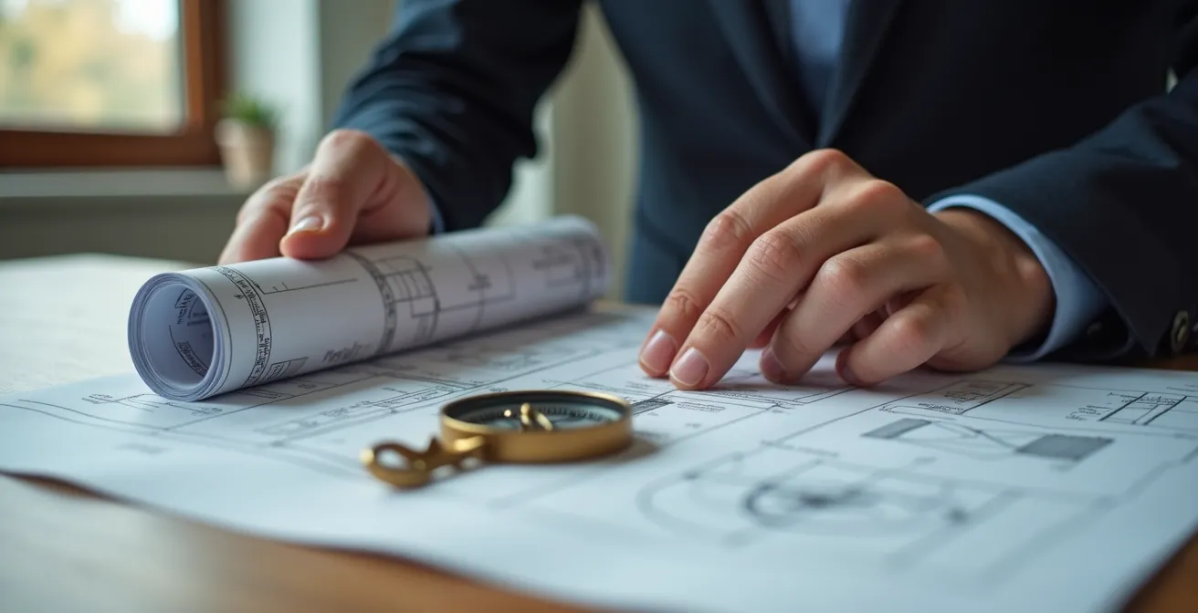 Mains d'investisseur examinant des plans architecturaux avec calculatrice